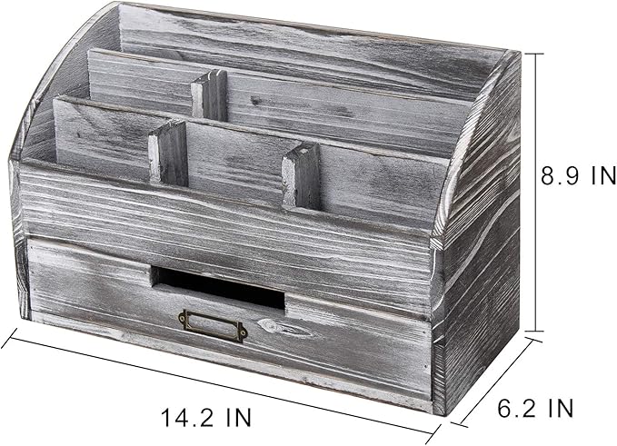 Distressed Rustic Wooden Office Desk Organizer 5 Compartment with 2 Drawer &Counter Desk Tabletop Desktop Mail Rack , Pens, Notebooks, Folders, Pencils and Office Supplies (grey)