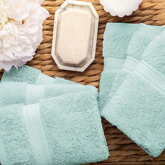 Superior Egyptian Cotton Pile Face Towel/Washcloth Set of 6, Ultra Soft Luxury Towels, Thick Plush Essentials, Absorbent Heavyweight, Guest Bath, Hotel, Spa, Home Bathroom, Shower Basics, Sea Foam