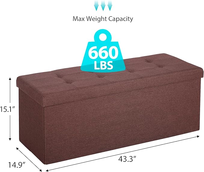 SUPER DEAL 43 Inches Folding Storage Ottoman Bench, Linen Footrest with Divider Foam Padded Seat Long Storage Chest Box for Living Room Bedroom Entryway, 660 lbs Capacity 15" x 43" x 15" Brown