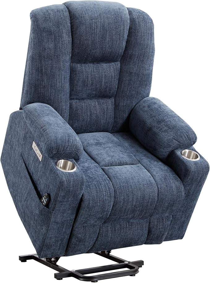 Power Lift Chair with Massage & Heat, Electric Recliner Chairs for Adults, Remote Control, Living Room Sofa, Standing Assistance, USB Ports, Stainless Steel Cup Holders, Chenill, Blue