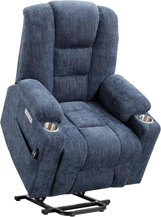 Power Lift Chair with Massage & Heat, Electric Recliner Chairs for Adults, Remote Control, Living Room Sofa, Standing Assistance, USB Ports, Stainless Steel Cup Holders, Chenill, Blue