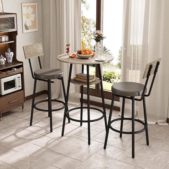3 Pieces Round Bar Table and Chairs Set, Small Dining Table for 2, Kitchen Bar Table, Breakfast Table with Storage, 2 Thickened Cushion Stools with Backrest for Dining Room & Bistro-Grey
