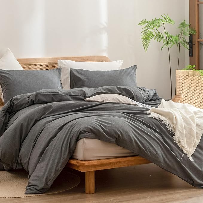 BESTOUCH Duvet Cover Set 100% Washed Cotton Linen Feel Super Soft Comfortable Chic Lightweight 3 PCs Home Bedding Set Solid Dark Grey Cal King