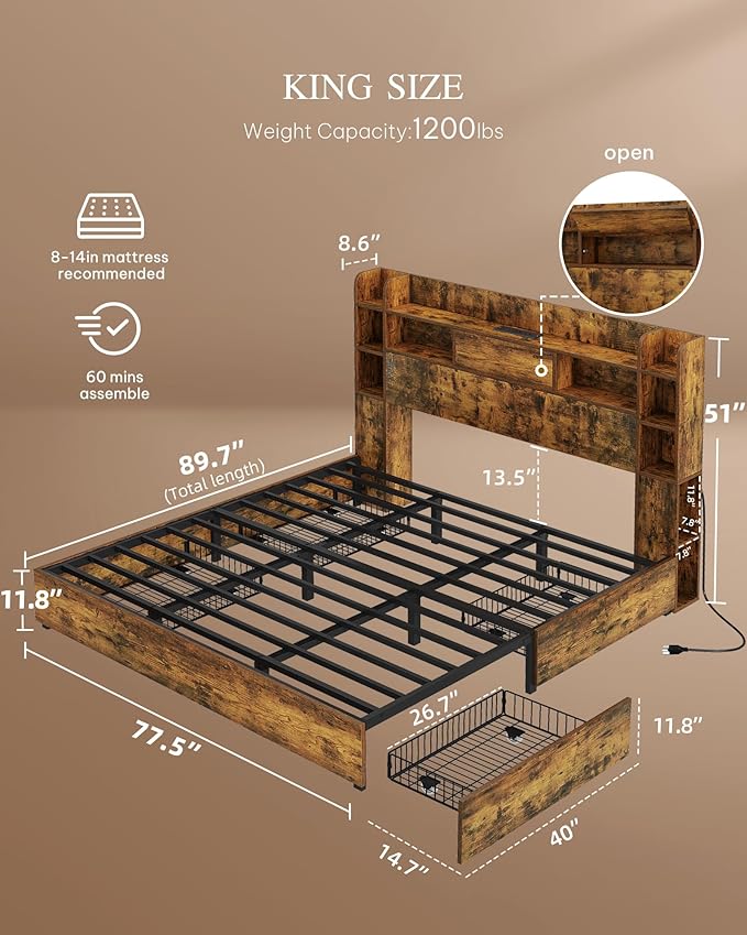 YITAHOME King Bed Frame with Bookcase Headboard and 4 Storage Drawers, RGB LED Lights Bed with Type-C & USB Charging Station Storage Headboard Bed Frame, No Box Spring Needed, Noise Free, Rustic Brown