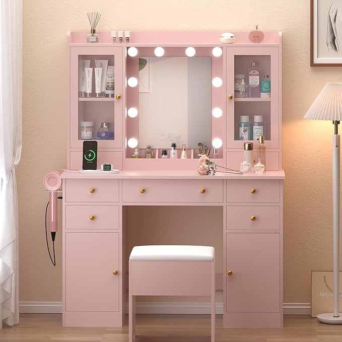 Vanity Desk with Mirror and Lights, 43" Pink Makeup Vanity Set with 5 Drawers & Glass Cabinets, Storage Stool, Power Outlet & Adjustable LED Lights, Dressing Table for Women & Girls Bedroom