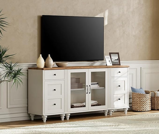 WAMPAT TV Stand for 75 Inch TV, Wood TV Cabinet Entertainment Center with Charging Station, Glass Door Buffet Cabinet for Dining Room, Off White