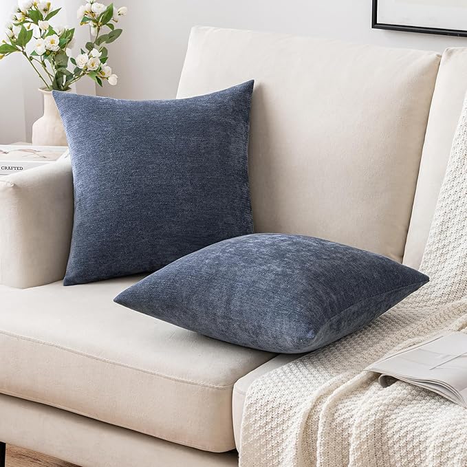 MIULEE Pack of 2 Blue Decorative Pillow Covers 18x18 Inch Soft Chenille Couch Throw Pillows Farmhouse Cushion Covers for Home Decor Sofa Bedroom Living Room