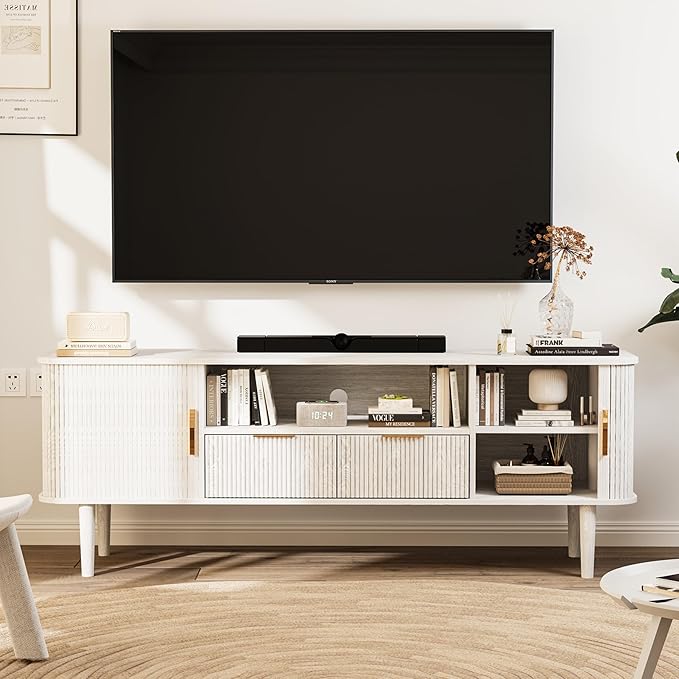 TV Stand 62.4 Inch Mid Century Modern Media Console Table with Drawer Sliding Tambour Door Farmhouse Sideboard Buffet Cabinet Fits TVs up to 75 inch Fluted Wood Entertainment Center(White)