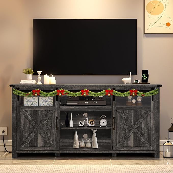 YITAHOME Farmhouse TV Stands for 75 Inch TV with Power Outlets, Entertainment Center with Sliding Barn Doors and Adjustable Shelves, TV Cabinet Media Console Table for Living Room, Dark Rustic Oak