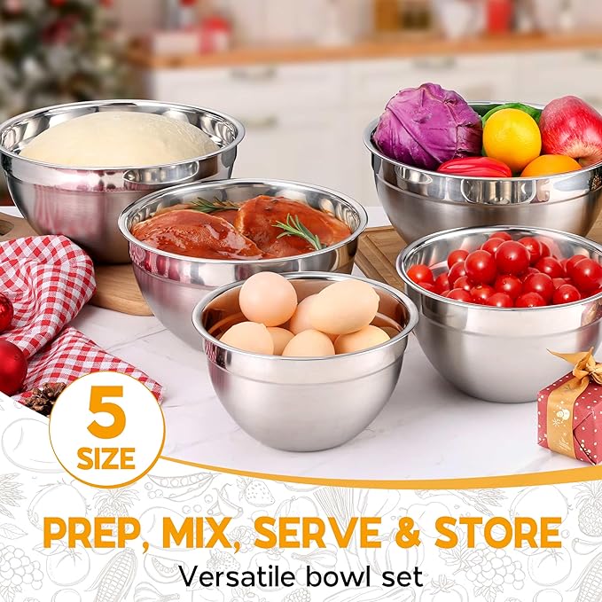 Mixing Bowl Set of 5 for Kitchen, Stainless Steel Metal Nesting Mixing Bowls with Khaki Lids – Size 1.5, 2, 2.6, 3.5, 4.6QT
