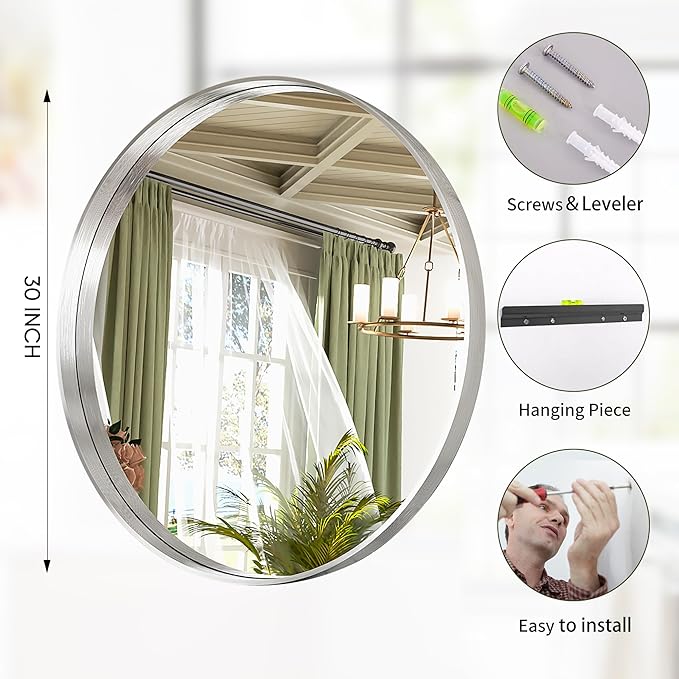 Suidia 30" x 30" Bathroom Mirror, Bathroom Vanity Mirror Metal Framed, Wall-Mounted Mirrors for Bedroom, Living Room, Entryway, Hallway, Silver, Round Style