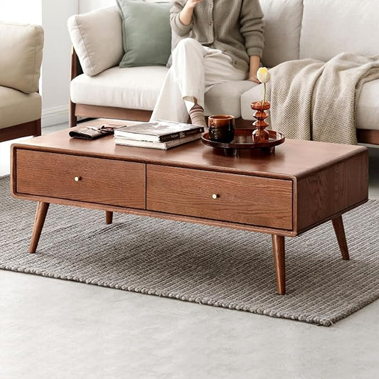 100% Solid Wood Coffee Table for Living Room, 47.24" W Mid Century Modern Coffee Table with 4 Drawers, Oak Coffee Tables for Home (Walnut Wood Color, 47.24" W)