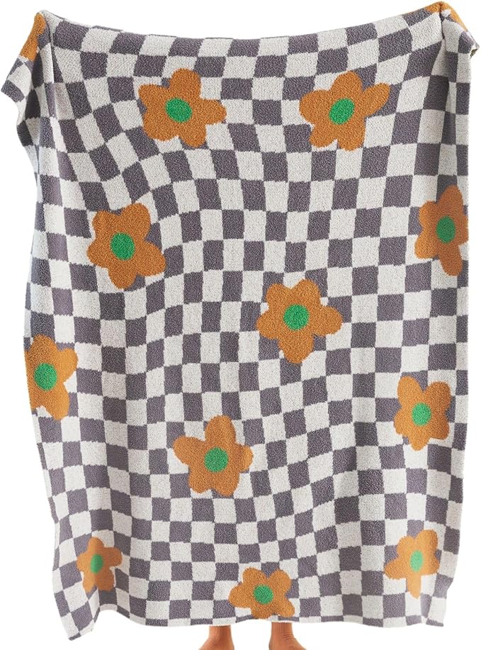 YIRUIO Checkered Throw Blankets Checkerboard Chessboard Warmer Comfort Super Soft Shaggy Cozy Decor for Home Bed Couch (Orange Floral, 51''x63'')