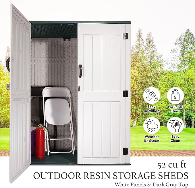 Outdoor Storage Cabinet, 52 Cu ft Resin Storage Box for Patio Garden Yard - Weatherproof Outdoor Storage Shed for Tools Pool Supplies - Lockable Vertical Storage Shed