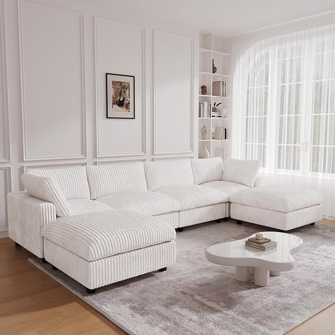 JACH Modern U Shape Sectional Couch, Convertable Modular Couches with Chaise Ottomans, Deep Seat Sofas, Sofa Covers Washable, Minimalist Plush Sofa for Living Room, Apartment, Beige