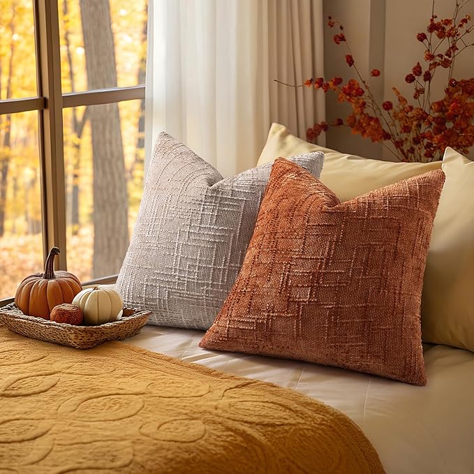 decorUhome Fall Rust Chenille Throw Pillow Covers 16x16 Set of 2 Thick Textured Slubby Couch Pillow Covers Farmhouse Accent Modern Neutral Decorative Pillow Cases for Bed Sofa Living Room