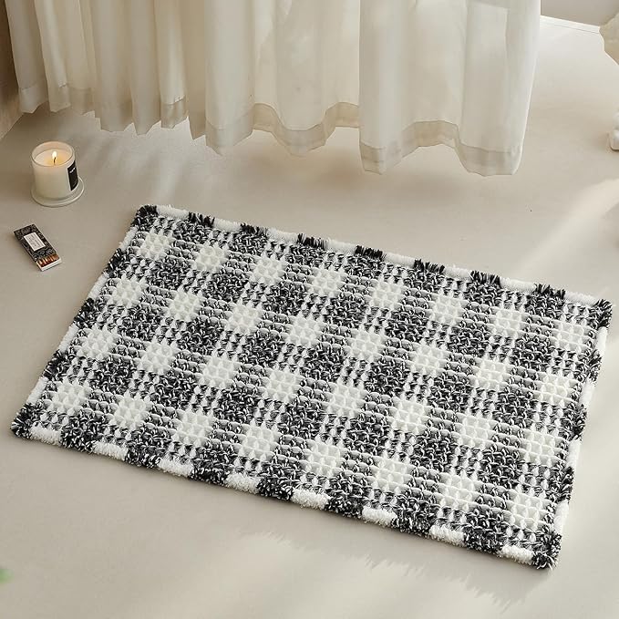Waffle Bath Mat, Boho Bathroom Rugs Non Slip Washable Absorbent Checkered Bathroom Mat Quick Dry Farmhouse Bathroom Decor, 30"x20" Black and White