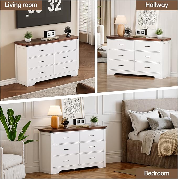 Farmhouse 6 drawer dresser for bedroom, 51" Wide chest of drawers, Wood white dresser with Metal Handle and Anti-Tipping Device, Storage Dressers Organizer for Bedroom, Living Room, Hallway, White