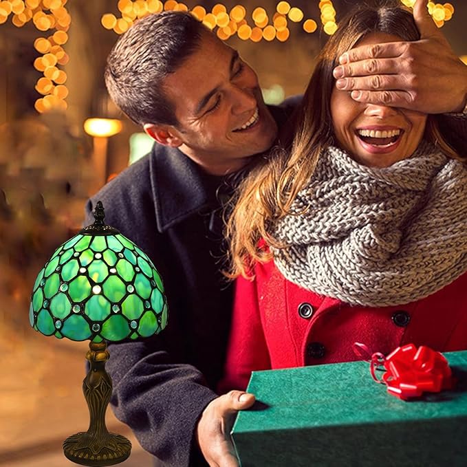 Tiffany Table Lamp Blue Beads Stained Glass 3 Way Table Lamps for Living Room Nightstand Bedside Bedroom Home Office Desk Lamps W/LED Bulb 8X8X15Inch