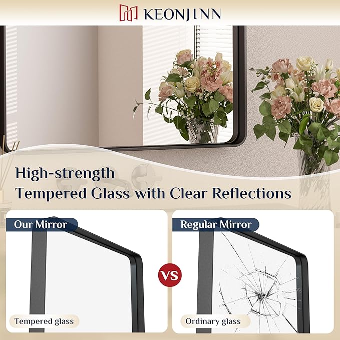 Keonjinn Black Bathroom Mirror for Over Sink, 30 x 30 Inch Rounded Rectangle Bathroom Vanity Mirror for Wall, Matte Black Farmhouse Mirror with Seamless Frame, HD Tempered Glass(Horizontal/Vertical)