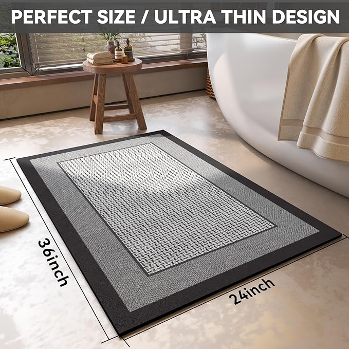 Non Slip Thin Bath Mat Bathroom Rugs, Rubber Backing Ultra Thin Bathroom Rug Fit Under Door, Quick Dry Super Absorbent Washable Shower Bath Mats, Grey 24x36