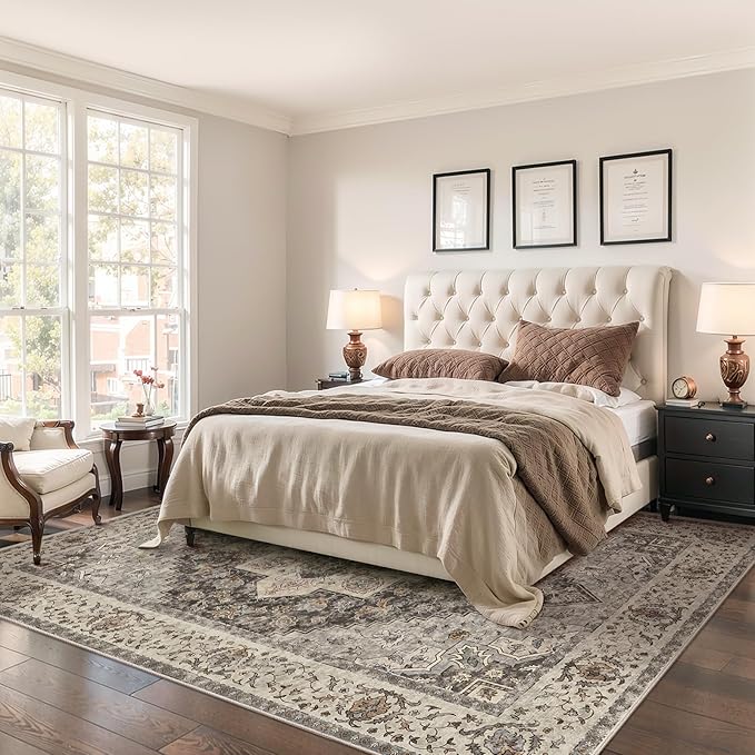 Tangsoo 8x10 Area Rugs for Living Room, 8x10 Washable Rug Vintage Indoor Non Slip Large Area Rugs, Print Distressed Brown/Grey Carpet, Soft Low Pile Foldable Floor for Bedroom Dining Room Dorm