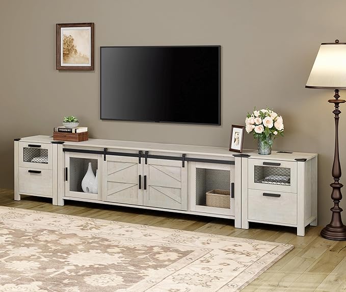 WAMPAT TV Stand Set for 85 inch TV with Charging Station, 3 in 1 Wood Entertainment Center TV Console Table for Living Room, Antique White