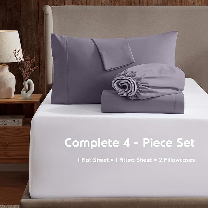 Nestl Full XL Sheet Set - Luxury 1800 Ultra-Soft Microfiber Full Extra Long Bed Sheets - Double Brushed - Deep Pockets - Easy Fit - 4 Piece Set - Bedding Sheets & Pillowcases (Full XL, Grayish Purple)