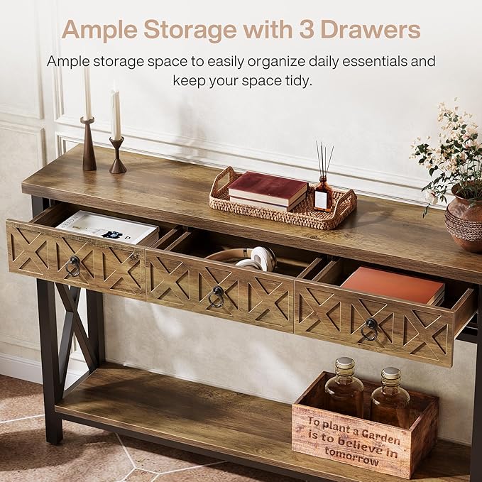 Tribesigns Farmhouse Narrow Console Table with 3 Drawers, 55" Long Rustic Entryway Table with 2-Tier Storage Shelf, Behind The Sofa Furniture for Living Room, Entrance, Hallway, Foyer, Brown & Black