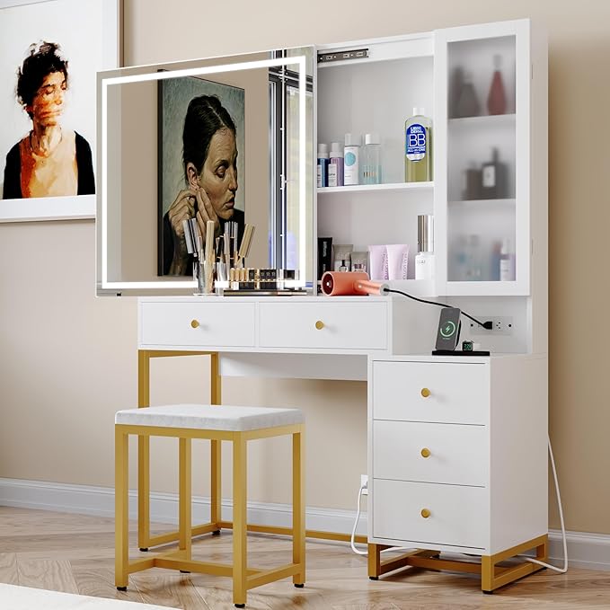 White Makeup Vanity Desk with Sliding Mirror and LED Lights,Power Outlet&Vanity Stool for Makeup Table,Makeup Organizer Countertop Cabinets&5 Storage Drawers, Vanity Table for Women