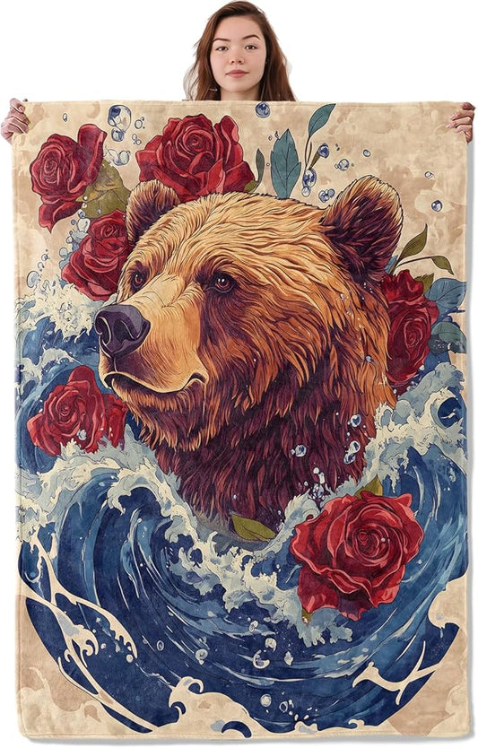 Wild Bear Blanket, Soft Cozy Warm Grizzly, Waves, Roses Throw Blanket Gifts for Adults Kids Women Men, Lightweight Comfy Fuzzy Flannel Blankets for Couch, Travel, Home Decor 60×50 Inch