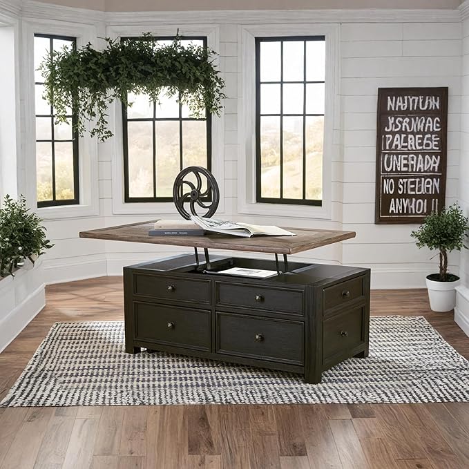 Signature Design by Ashley Tyler Creek Rustic Farmhouse Lift Top Coffee Table with Drawers, Brown & Black