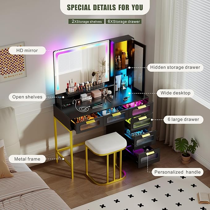 Vanity Desk with Mirror and RGB Lights, Makeup Vanity Desk with Wireless Charging Station,Large Dressing Table Set with Stool,LED Vanity Table with 6 Drawers/Cabinet/Shelves for Bedroom, Black