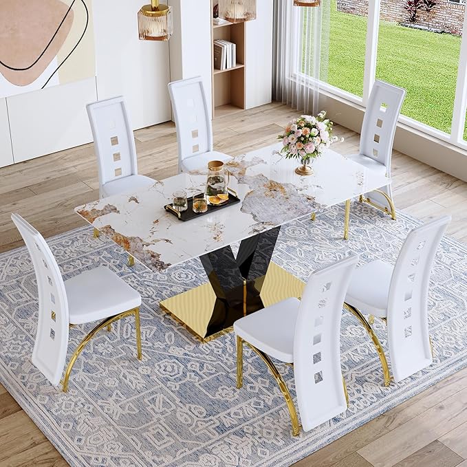 Marble Dining Table for 6,71'' Gold Dining Table with Faux Marble Table Top and Glossy Black V-Shaped Base,Large Modern Dining Table Ideal for Dinner Parties Apartments Kitchen