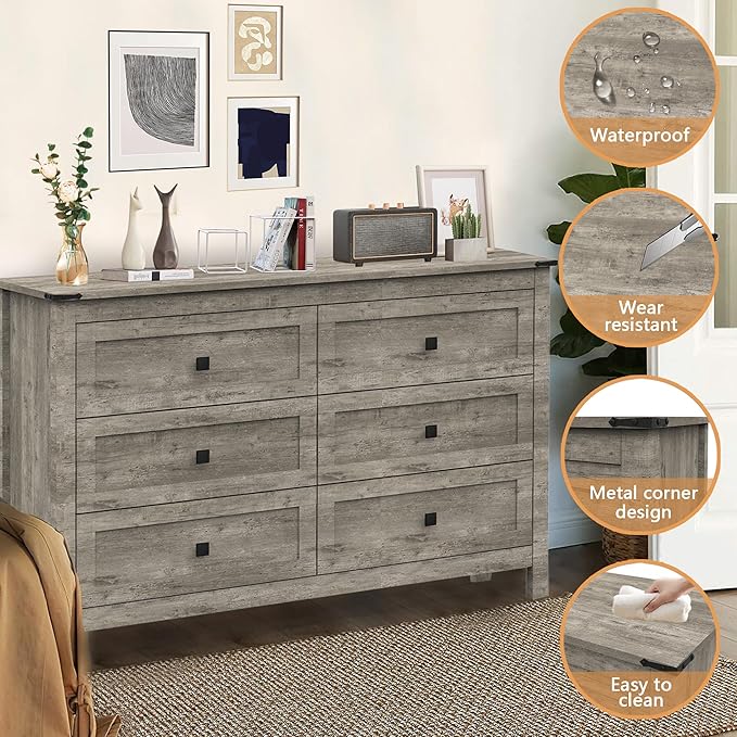 Farmhouse 6 Drawer Dresser for Bedroom, Wide Wood Dresser with Metal Handle for Bed Room, Hallway, Light Grey Rustic Oak