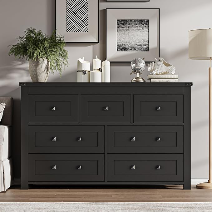 7-Drawer Dresser, Modern Wooden Storage Chest of Drawers, Dresser TV Stand, Wood Drawer Organizer with Metal Handles for Bedroom, Living Room, Hallway