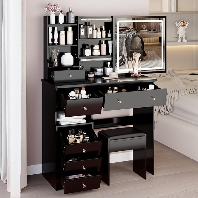 37" Vanity Desk with Mirror and Lights, Makeup Table with Led Lights and Sliding Mirror, 3 Lighting Colors, Vanity Set with 6 Drawers and Stool for Bedroom, Black