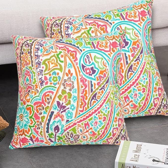 FUNHOME Outdoor Pillow Covers ONLY, No Insert! Pack of 2 Square Throw Pillow Covers, Decorative Water-Repellent Modern Cushion Cases for Sofa Patio Couch Decoration 18 x 18 Inch-Melora Paisley