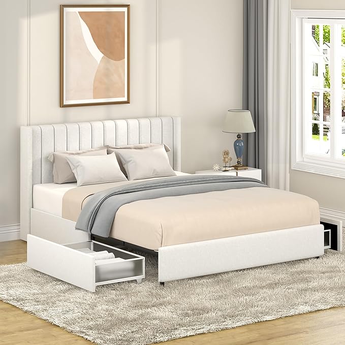 GDFStudio Upholstered Bed with Storage,Queen Size Platform Bed Frame with 2 Drawers Tufted Headboard, Wooden Slat Mattress Support No Box Spring Required Easy Assembly, Ivory Boucle
