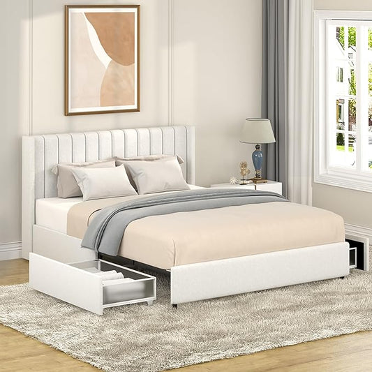 GDFStudio Upholstered Bed with Storage,Queen Size Platform Bed Frame with 2 Drawers Tufted Headboard, Wooden Slat Mattress Support No Box Spring Required Easy Assembly, Ivory Boucle
