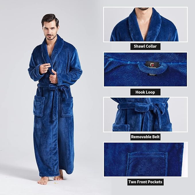 FashGudim Mens Robes Big and Tall Full Length Plush Fleece Long Robe for Men Bathrobe Shawl Collar Warm Winter House Robes