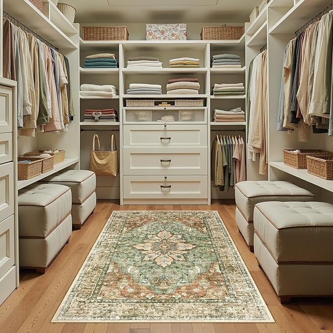 Area Rugs 3'x5' Washable Non-Slip, Floral Vintage Distress Print Pattern Medallion Carpet for Living Room Bedroom Dining Room, Brick Red Rust Neutral Brown Burnt Orange Green