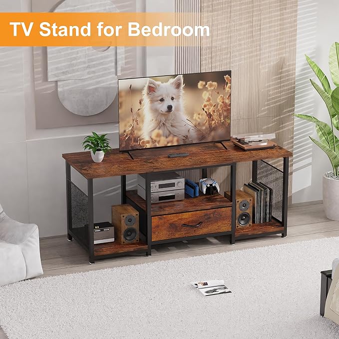 TV Stand with Drawers and Open Storage Shelves for 65 60 55 Inch TV, Entertainment Center with Open Storage Shelves, Industrial Media TV Console Table for Living Room Bedroom Office, Rustic Brown