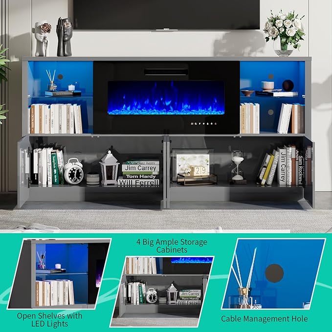 68" Modern Fireplace TV Stand for TVs up to 75", High Gloss Entertainment Center with 40" Fireplace, 4 Shelves & Storage Cabinets, Media Console Table,Grey