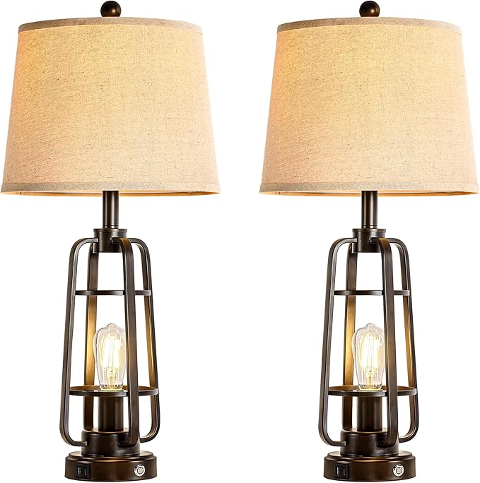 28.7" Table Lamps for Living Room Set of 2, Touch Lamps for Bedrooms with USB C+A Charging Ports, Farmhouse Lamps for Nightstands with Oil Rubbed Bronze Finish, Bulbs Included