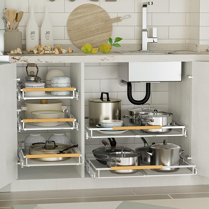 Expandable Pull Out Cabinet Organizer,Adjustable Width W:23”-40” x D:22.5”,Slide Out Wire Storage Drawer,Heavy Duty Stainless Steel Gliding Cupboard Shelf for Pantry and Under Sink Organization