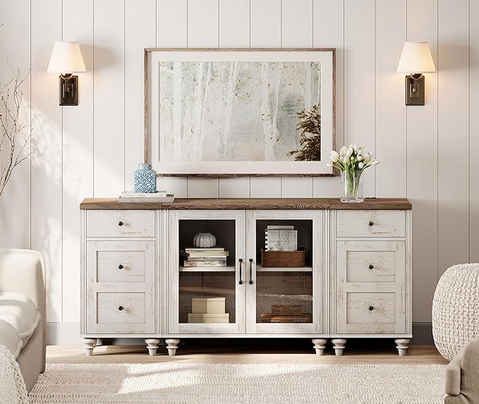 WAMPAT TV Stand for 75 Inch TV, Wood TV Cabinet Entertainment Center with Charging Station, Glass Door Buffet Cabinet for Dining Room, Rustic White