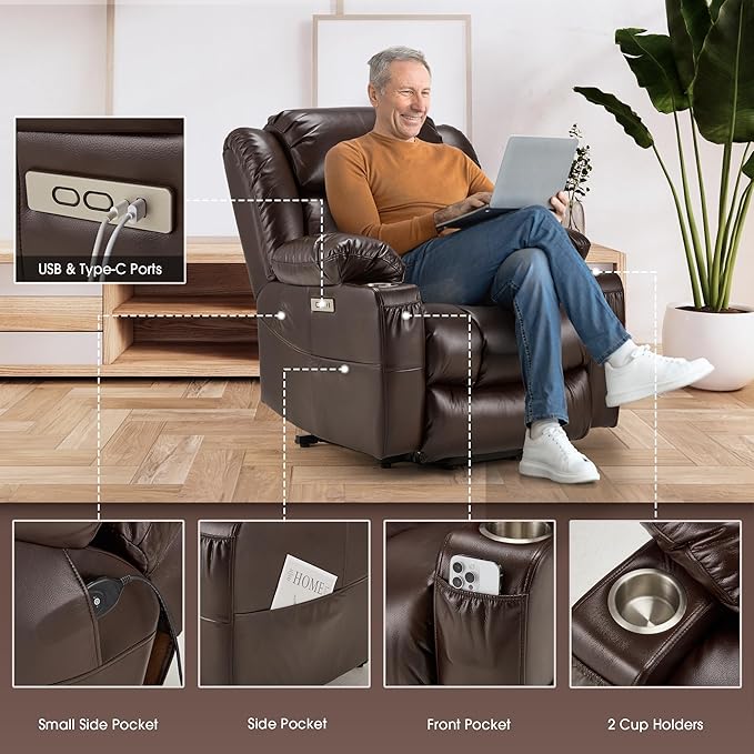 Power Lift Recliner Leather Chair Sofa with Massage & Heat, Lazy Boy Chair with Cup Holders, USB & Type-C Ports, Remote Control (Brown)