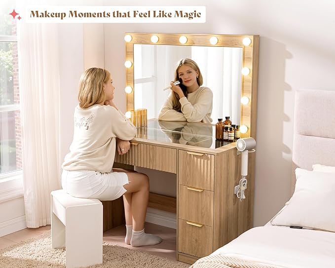 AMERLIFE 36.2" Fluted Vanity Desk with Large Mirror and Adjustable LED Lights, 4 Drawers Makeup Table with Glass Top and Charging Station for Women and Girls, Bedroom or Dorm, Oak