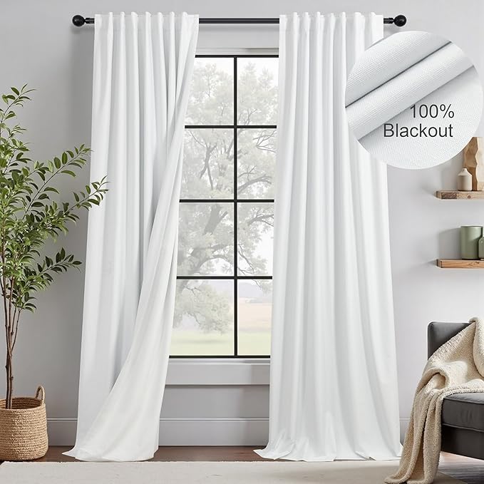 White Linen Blackout Curtains 108 Inches Long 2 Panel Burg for Sliding Glass Door Noise Reduction Thermal Summer Heat Blocking Floor to Ceiling Curtain for Bedroom Living Room Back Tab Pocket 9ft Tall